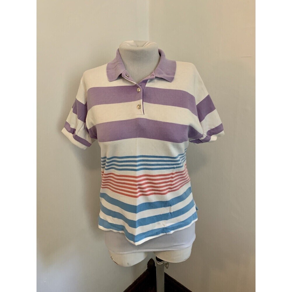 VTG Aileen Pastel Stripe Polo Unisex Sho Sleeve Shirt Small Rainbow Cotton Soft